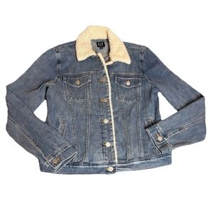 GAP Sherpa Lined Denim Trucker Jacket Blue Women's Size Medium Classic Outdoor